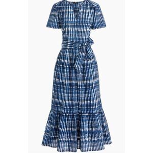 J.Crew cotton blue ikat tie waist midi dress size 8